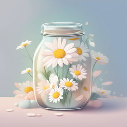 A high-quality, digital cartoon illustration of a jar filled with daisies, rendered in a serene pastel color palette