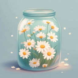 A high-quality, digital cartoon illustration of a jar filled with daisies, rendered in a serene pastel color palette