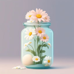 A high-quality, digital cartoon illustration of a jar filled with daisies, rendered in a serene pastel color palette