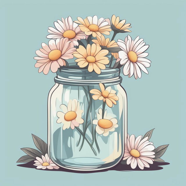 A high-quality, digital cartoon illustration of a jar filled with daisies, rendered in a serene pastel color palette