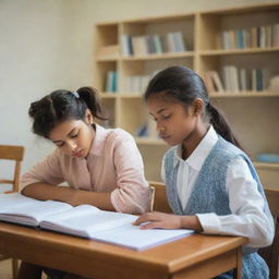 A focused girl studying dressed in a beautiful outfit, with a boy next to her, both engrossed in their study materials in a quiet, well-lit room.