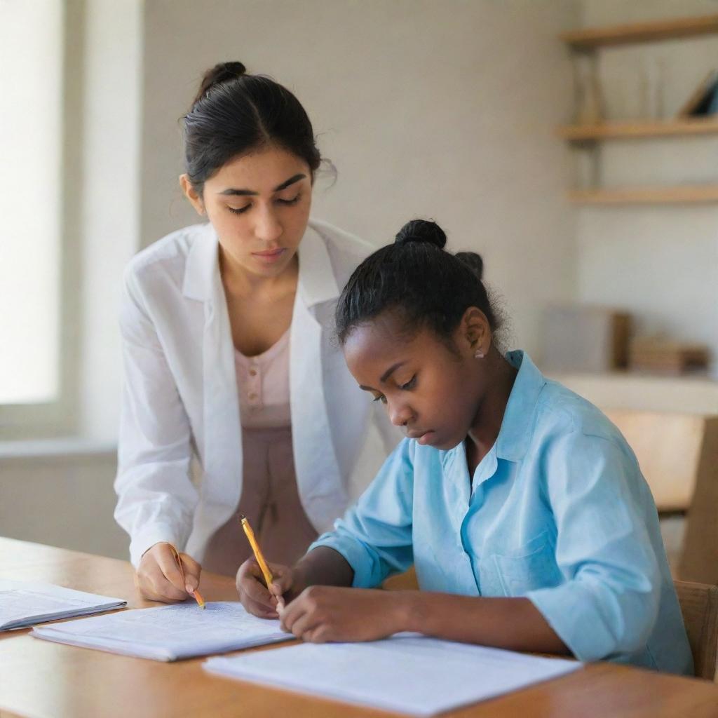 A focused girl studying dressed in a beautiful outfit, with a boy next to her, both engrossed in their study materials in a quiet, well-lit room.