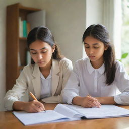 A focused girl studying dressed in a beautiful outfit, with a boy next to her, both engrossed in their study materials in a quiet, well-lit room.