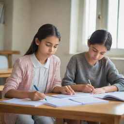 A focused girl studying dressed in a beautiful outfit, with a boy next to her, both engrossed in their study materials in a quiet, well-lit room.