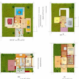 Design a 1-floor house on 1800 sq mt land, dimensions 40*45 mt, including 4 rooms, a toilet, a pooja room, parking area, and lawns on three sides.