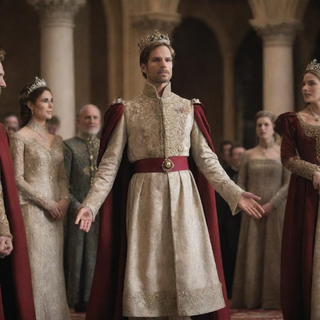 Prince Alaric, in a lavish royal court, bravely announcing his decision to wed Elara. Illustrate the astonished and scandalized reactions of the courtiers and advisors, highlighting the societal disapproval