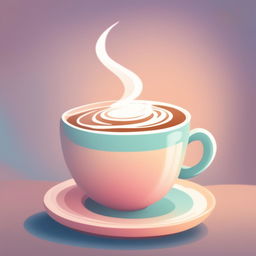 A high-quality, digital cartoon illustration of a cup of hot coffee, rendered in a soothing pastel color palette