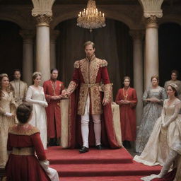 Prince Alaric, in a lavish royal court, bravely announcing his decision to wed Elara. Illustrate the astonished and scandalized reactions of the courtiers and advisors, highlighting the societal disapproval