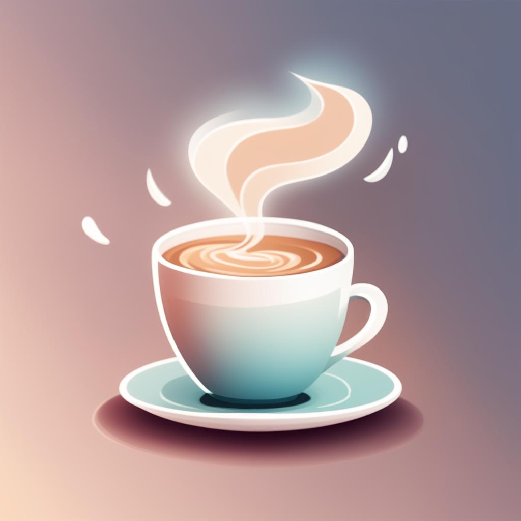 A high-quality, digital cartoon illustration of a cup of hot coffee, rendered in a soothing pastel color palette