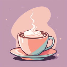 A high-quality, digital cartoon illustration of a cup of hot coffee, rendered in a soothing pastel color palette