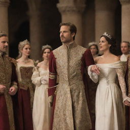 Prince Alaric, in a lavish royal court, bravely announcing his decision to wed Elara. Illustrate the astonished and scandalized reactions of the courtiers and advisors, highlighting the societal disapproval