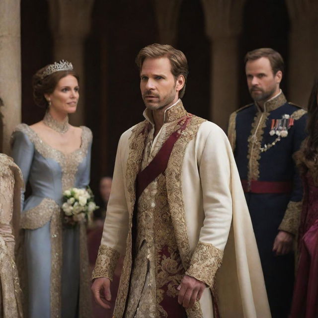 Prince Alaric, in a lavish royal court, bravely announcing his decision to wed Elara. Illustrate the astonished and scandalized reactions of the courtiers and advisors, highlighting the societal disapproval