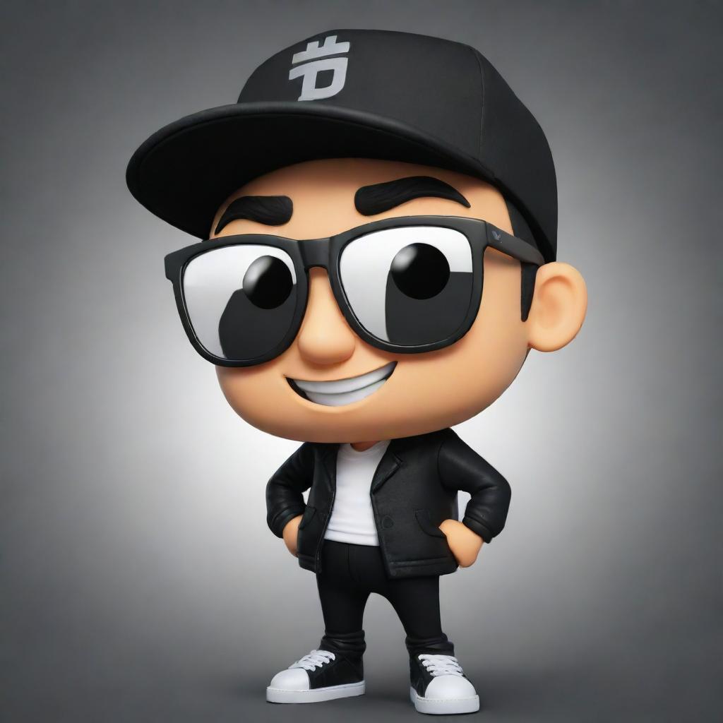 Alter the bottom-left 2D mascot for the 'IgnSpy' YouTube channel to sport a black jacket, black sunglasses, and a black or white cap. Develop his appearance into a more cartoonish style, enhancing his playful and engaging persona.