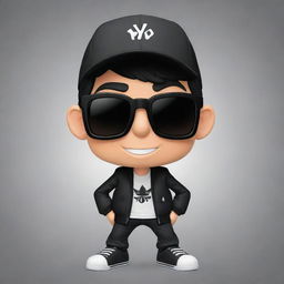 Alter the bottom-left 2D mascot for the 'IgnSpy' YouTube channel to sport a black jacket, black sunglasses, and a black or white cap. Develop his appearance into a more cartoonish style, enhancing his playful and engaging persona.