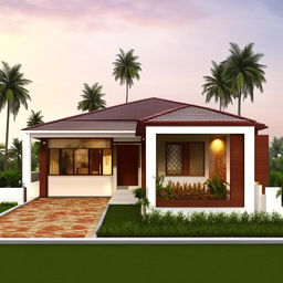 Design a 1-floor house on 1800 sq mt land, dimensions 40*45 mt, including 4 rooms, a toilet, a pooja room, parking area, and lawns on three sides.