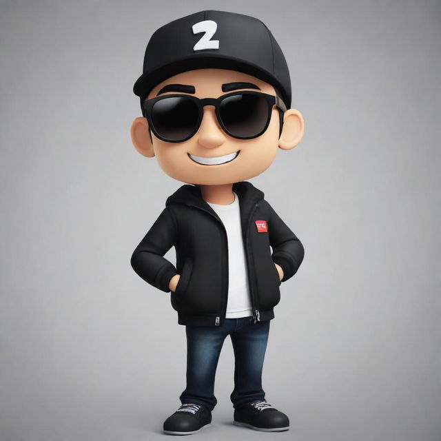 Alter the bottom-left 2D mascot for the 'IgnSpy' YouTube channel to sport a black jacket, black sunglasses, and a black or white cap. Develop his appearance into a more cartoonish style, enhancing his playful and engaging persona.