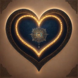 Illustrate a spiritual journey as per the metaphoric image of a heart morphed into a sacred map, brightly illuminated with the lights of Ramadan. Show treasures, signifying strength and connection with Allah, in Al-Emaan's upcoming Ramadan event.