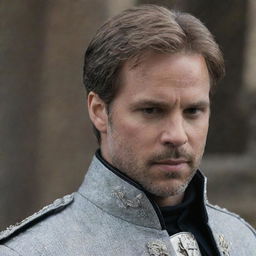 An emotionally intense scene capturing Prince Alaric torn between his love for Elara and his royal duties. His face reflecting a struggle between heart and responsibility.