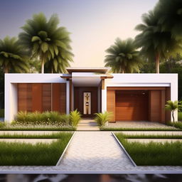 Design a 1-floor house on 1800 sq mt land, dimensions 40*45 mt, including 4 rooms, a toilet, a pooja room, parking area, and lawns on three sides.