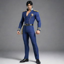 Jin Kazama from Tekken, depicted as a Vice-Admiral from One Piece, standing with authority dressed in the naval uniform interspersed with One Piece's distinct style.