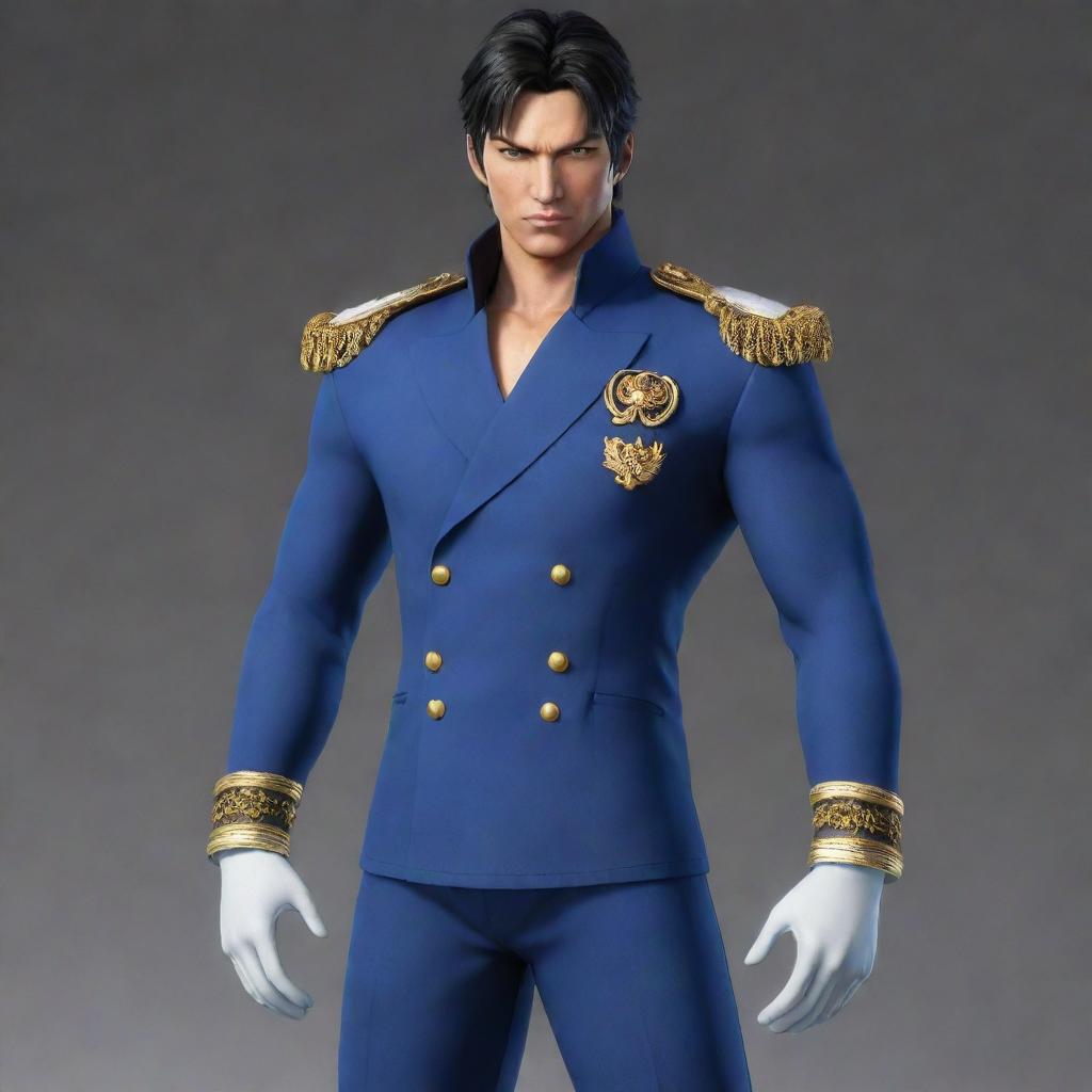 Jin Kazama from Tekken, depicted as a Vice-Admiral from One Piece, standing with authority dressed in the naval uniform interspersed with One Piece's distinct style.