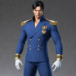 Jin Kazama from Tekken, depicted as a Vice-Admiral from One Piece, standing with authority dressed in the naval uniform interspersed with One Piece's distinct style.
