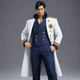 Jin Kazama from Tekken, depicted as a Vice-Admiral from One Piece, standing with authority dressed in the naval uniform interspersed with One Piece's distinct style.