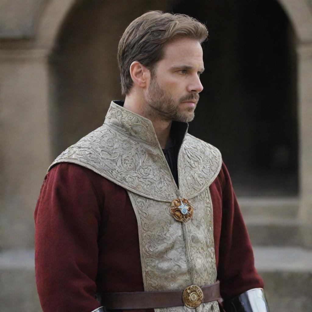 Depict Prince Alaric in a moment of deep contemplation, clearly wrestling with the internal conflict between his duty as a ruler and his love for Elara.