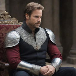 Depict Prince Alaric in a moment of deep contemplation, clearly wrestling with the internal conflict between his duty as a ruler and his love for Elara.