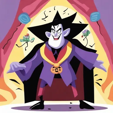 In the cartoon show, the evil villain bedamned the hero, causing all sorts of chaos.