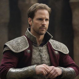 Depict Prince Alaric in a moment of deep contemplation, clearly wrestling with the internal conflict between his duty as a ruler and his love for Elara.