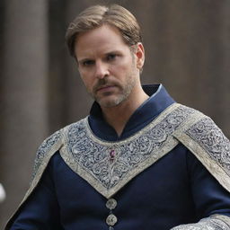 Depict Prince Alaric in a moment of deep contemplation, clearly wrestling with the internal conflict between his duty as a ruler and his love for Elara.