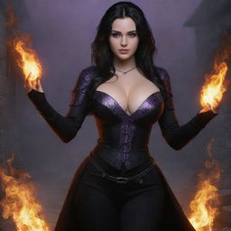 medieval beatifull, bigb boobs, sexy full body, black hair girl with purple eyes with fire aura behind, 23 years old, she is a piro controler, black clothes, sexy, piromancer, in ocation place, charmOfTheRealm, digital art, high detailed