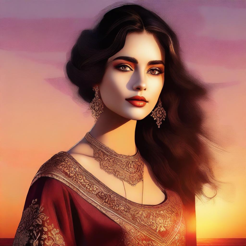 A digital art piece of a beautiful Spanish girl during sunset