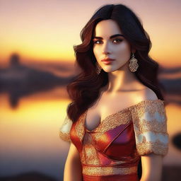 A digital art piece of a beautiful Spanish girl during sunset