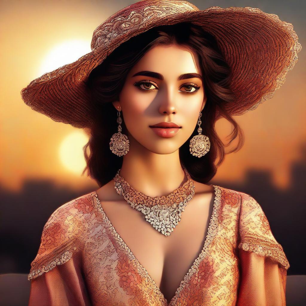 A digital art piece of a beautiful Spanish girl during sunset