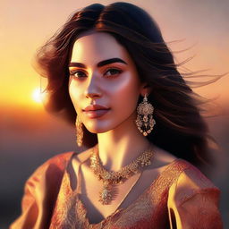 A digital art piece of a beautiful Spanish girl during sunset