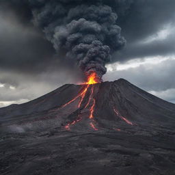 A vivid and breathtaking view of a volcano, with the roaring lava streams against the backdrop of a studded sky, piercing through the looming cloud of grey smoke.