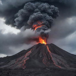 A vivid and breathtaking view of a volcano, with the roaring lava streams against the backdrop of a studded sky, piercing through the looming cloud of grey smoke.