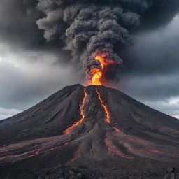 A vivid and breathtaking view of a volcano, with the roaring lava streams against the backdrop of a studded sky, piercing through the looming cloud of grey smoke.