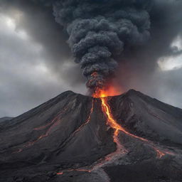 A vivid and breathtaking view of a volcano, with the roaring lava streams against the backdrop of a studded sky, piercing through the looming cloud of grey smoke.