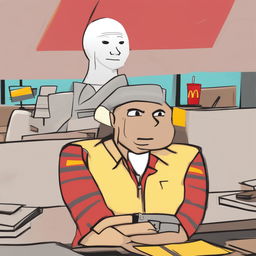 A high-quality digital art image of the Wojak meme character as a McDonald's employee