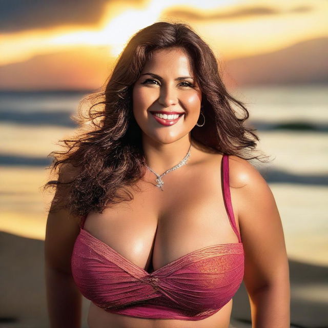 A high-quality, realistic photograph of a beautiful, plus-sized Spanish woman with large breasts, posed against the backdrop of a sunset