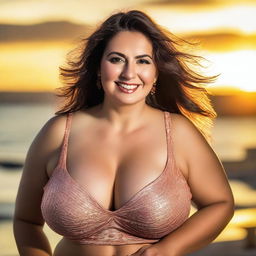 A high-quality, realistic photograph of a beautiful, plus-sized Spanish woman with large breasts, posed against the backdrop of a sunset