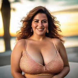 A high-quality, realistic photograph of a beautiful, plus-sized Spanish woman with large breasts, posed against the backdrop of a sunset