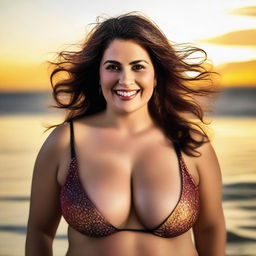 A high-quality, realistic photograph of a beautiful, plus-sized Spanish woman with large breasts, posed against the backdrop of a sunset