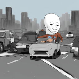 A high-quality digital art image portraying the Doomer Wagie Wojak meme character losing control of his car on a busy freeway