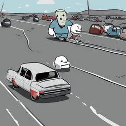 A high-quality digital art image portraying the Doomer Wagie Wojak meme character losing control of his car on a busy freeway