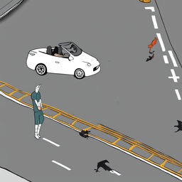 A high-quality digital art image portraying the Doomer Wagie Wojak meme character losing control of his car on a busy freeway