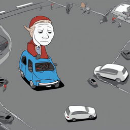 A high-quality digital art image portraying the Doomer Wagie Wojak meme character losing control of his car on a busy freeway